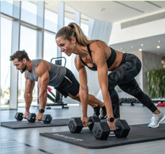 Fitness club with dumbbell training and modern workout gear