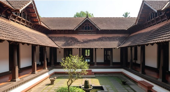 Traditional Kerala Nalukettu central courtyard and tiled pillars