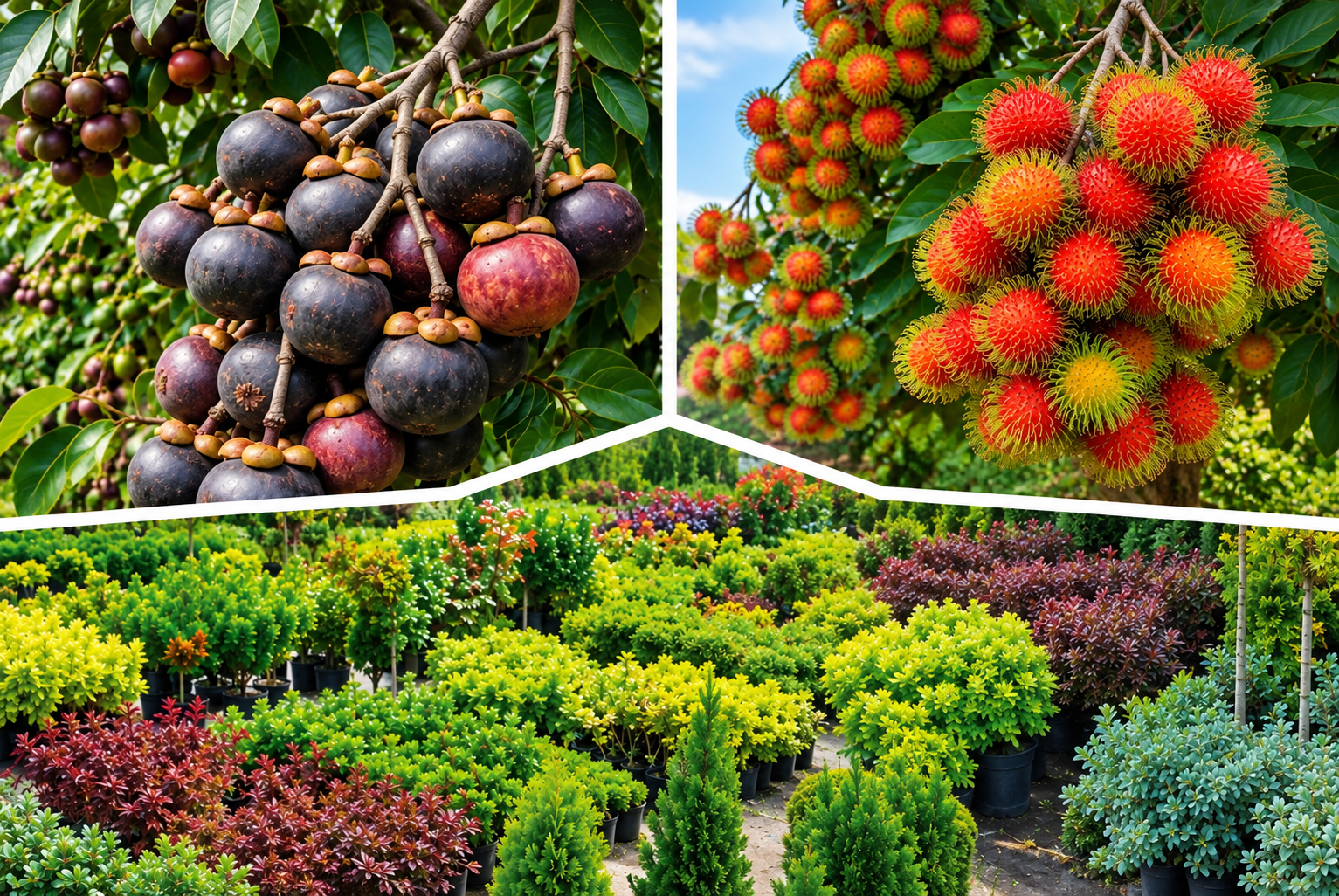 Fresh red Rambutan clusters, purple Mangosteen harvest, and botanical nursery